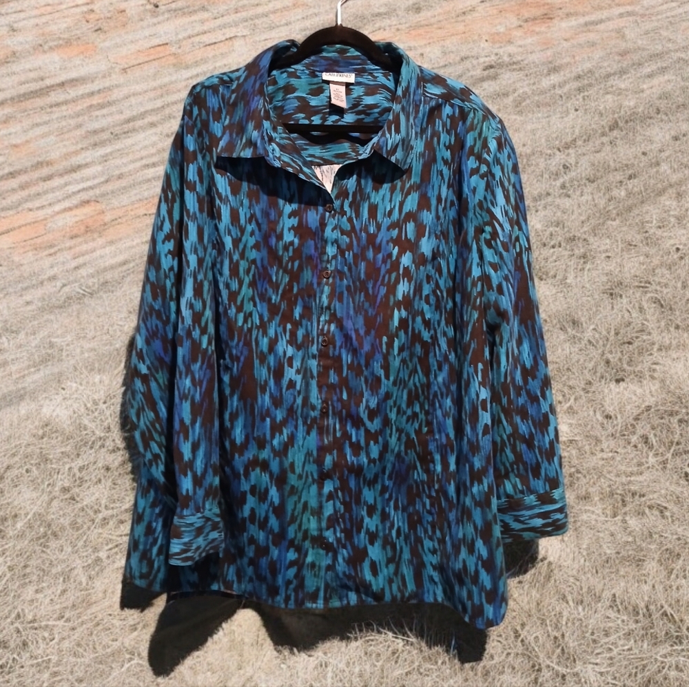Catherines Plus Size Long Sleeve Blue Black Animal Print Button Shirt Modest